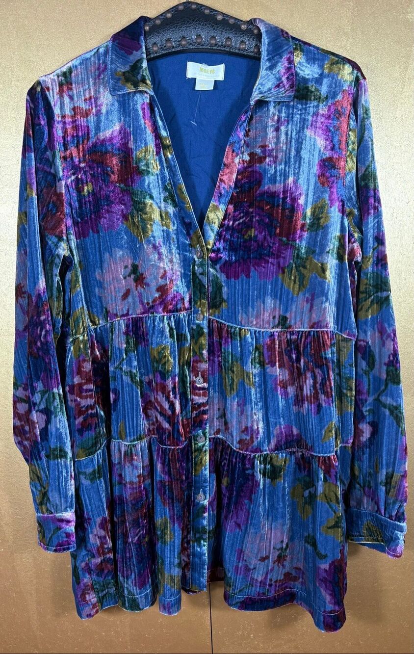 Anthropologie Maeve Reveire Tiered Floral Velvet Blouse Top size S oversized